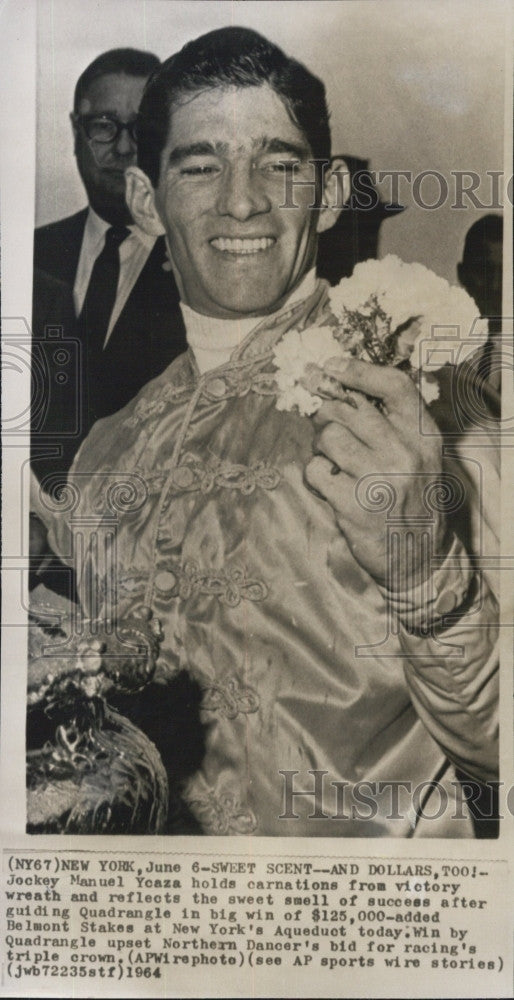 1964 Press Photo Jockey Manuel Ycaza at Belmont Stakes - Historic Images