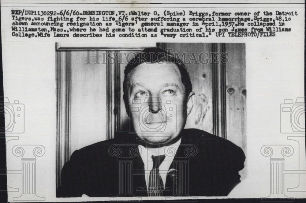 1960 Press Photo Walter O (Spike) Briggs,ex owner of  Detroit Tigers - Historic Images