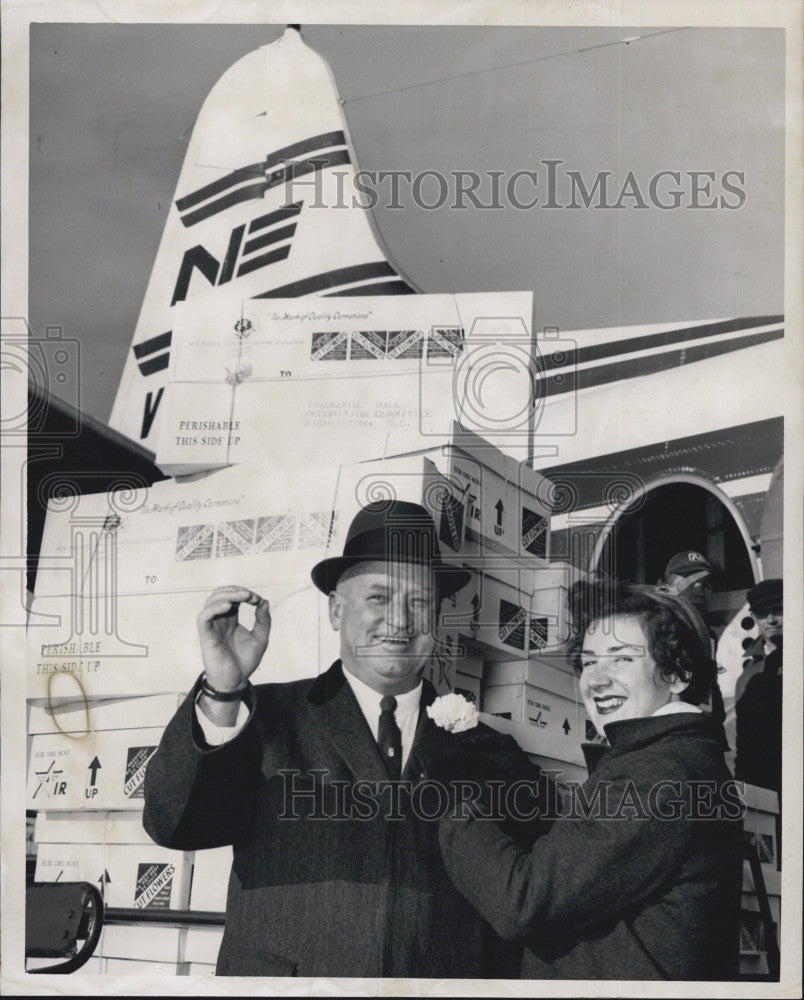 1961 Press Photo Sen. Joe Leahy Receives Flower from Flight Attendant Iren Nazar - Historic Images