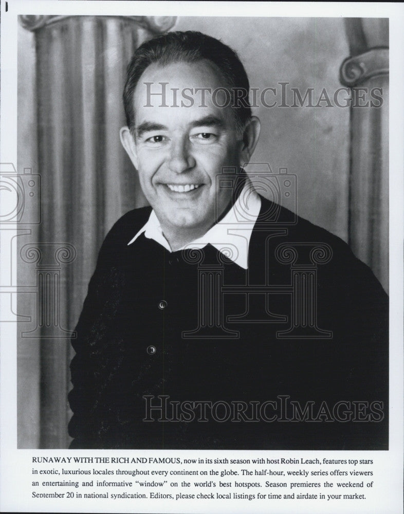 Press Photo Robin Leach, Host of &quot;Runaway with the Rich and Famous&quot; TV Series - Historic Images