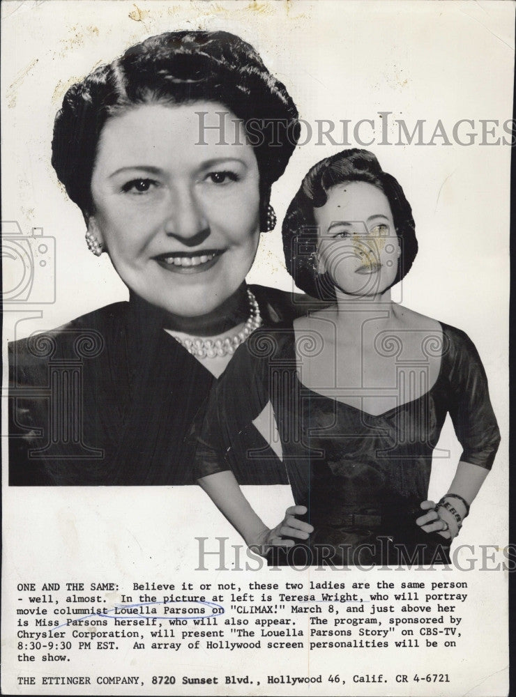 1956 Press Photo Movie Columnist Louella Parsons and Teresa Wright &quot;Climax!&quot; - Historic Images