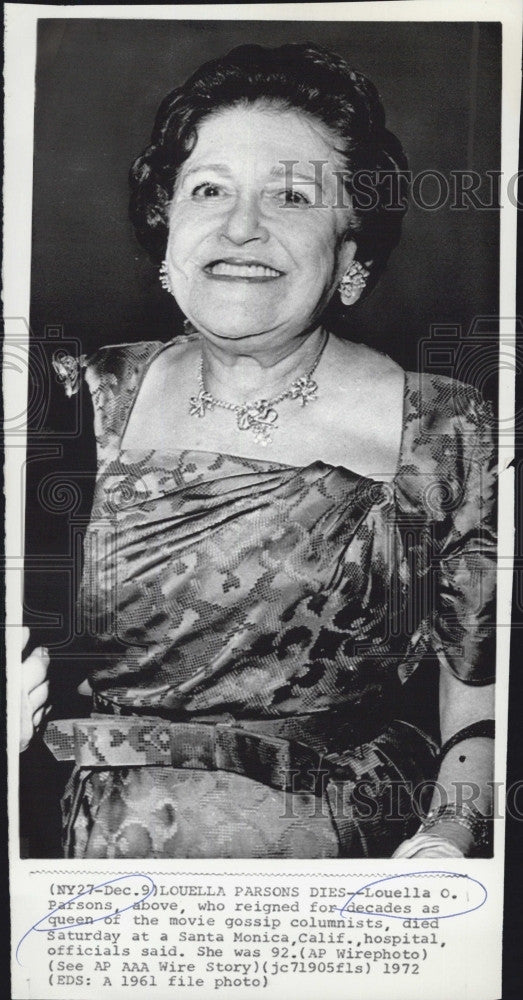 1961 Press Photo Movie Columnist Louella Parsons - Historic Images