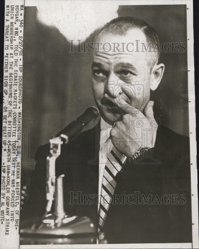 1958 Press Photo Herman Meisfeld at the Senate Rackets Committee meeting - Historic Images