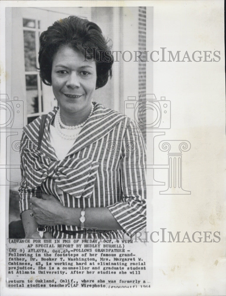 1964 Press Photo Margaret W. Cabiness, Granddaughter of Booker T. Washington - Historic Images