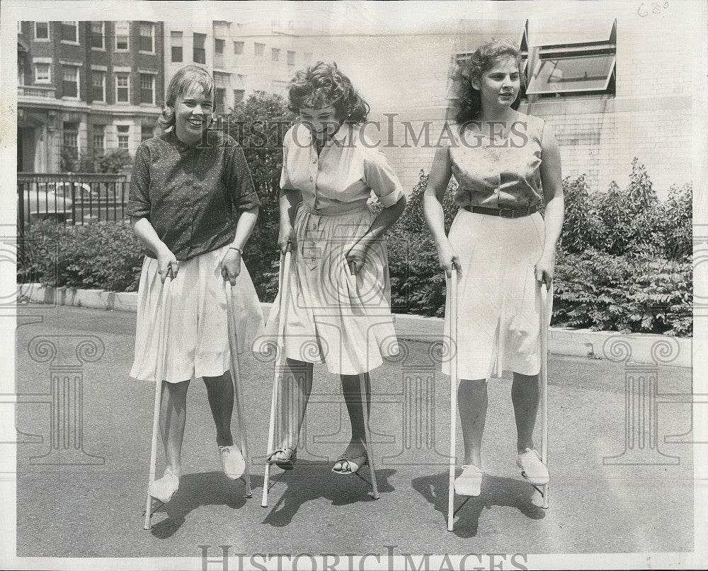 1961 Press Photo College Girls Try Out Stilt Walking @ Northeastern University - Historic Images