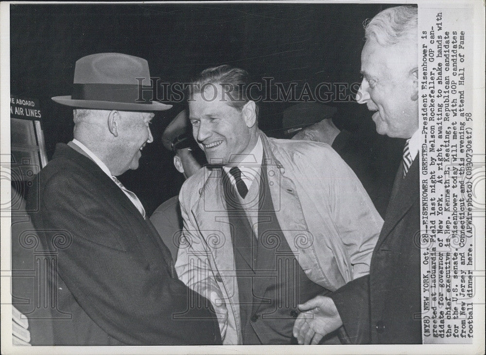 1958 Press Photo Pres. Eisenhower &amp; N Rockerfeller &amp; Rep KB Keating - Historic Images