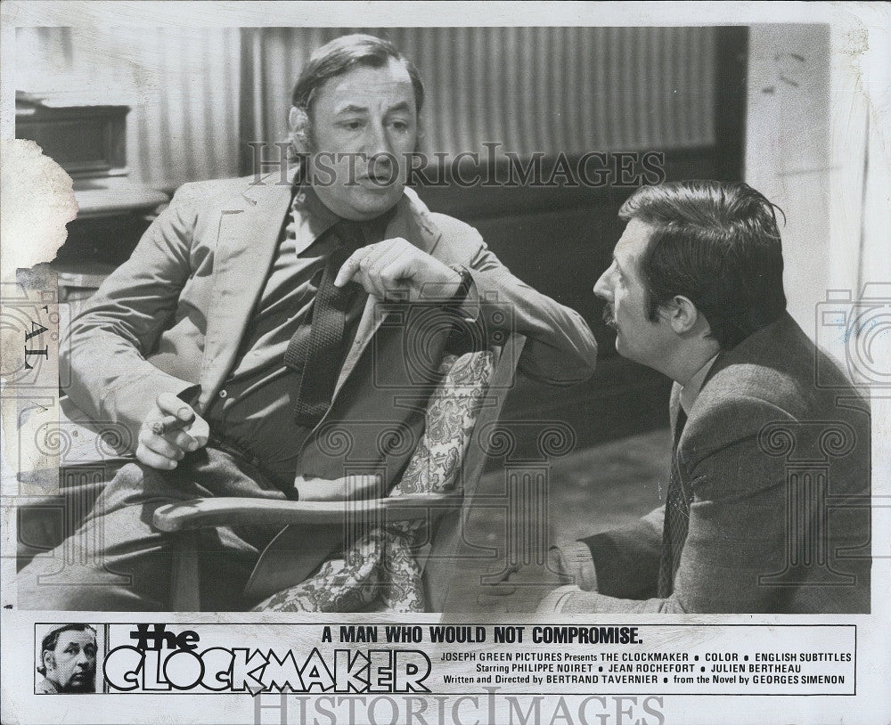 1974 Press Photo Actor Philippe Noiret, Jean Rochefort in &quot;The Clockmaker&quot; Film - Historic Images