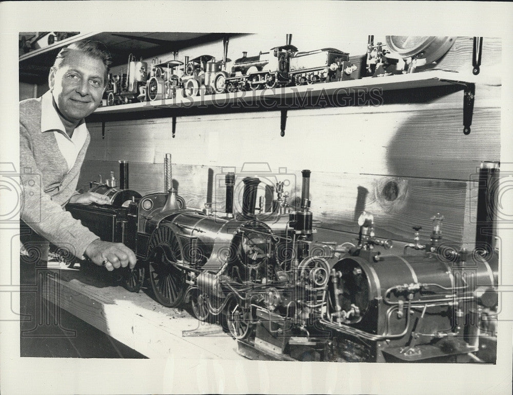 1956 Press Photo Songwriter David Rose with his Train Engine Collection - Historic Images