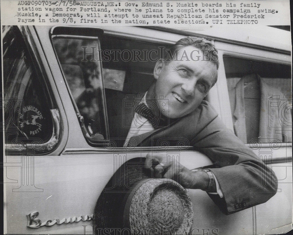 1958 Press Photo Gov. Edmund S. Muskie in his family station wagon - Historic Images