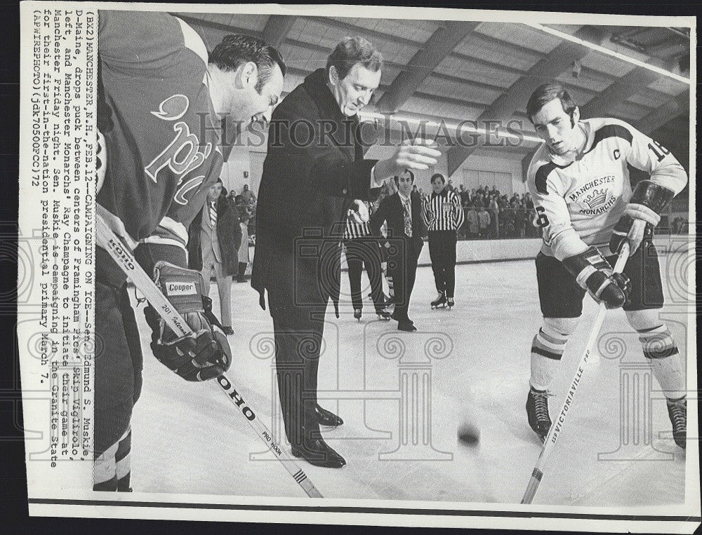 1972 Press Photo Senator Edmund Muskie on campaign trail &amp; hockey game - Historic Images