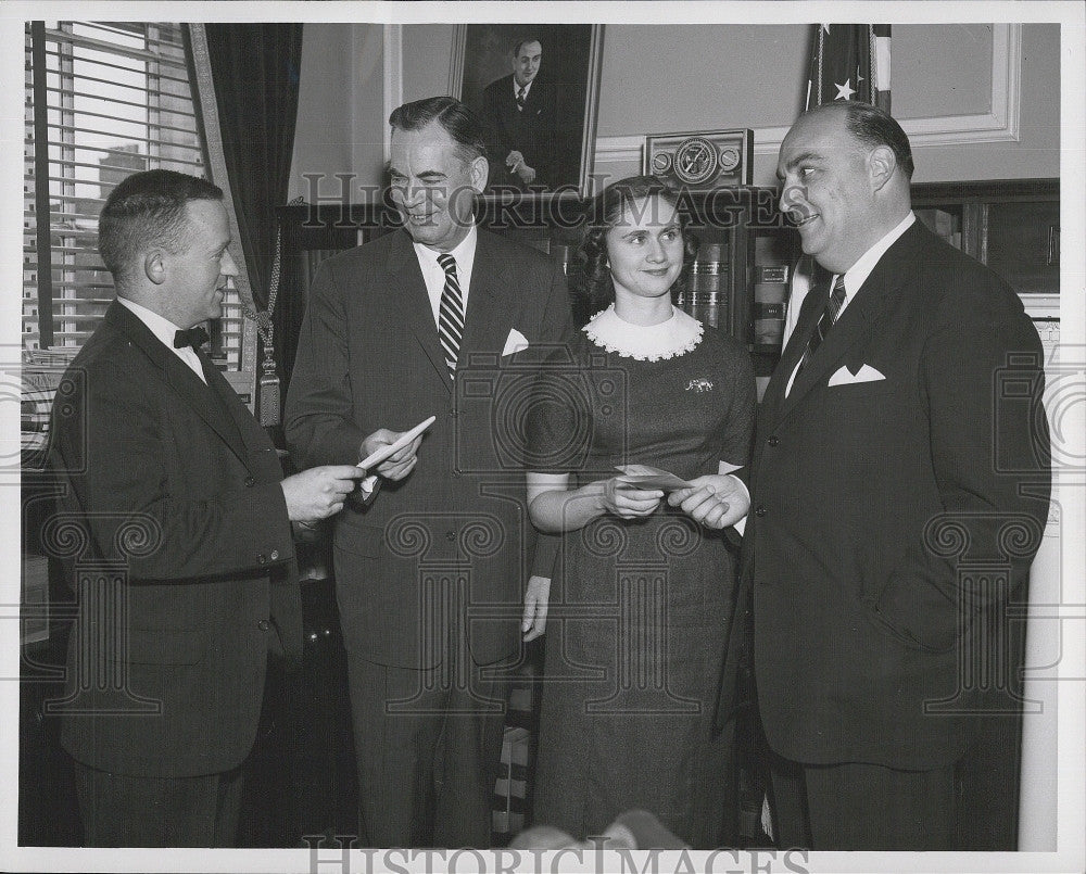 1957 Press Photo J. Dineen, C. Gibbons, Patricia Welch, Atty Gen. G. Fingold - Historic Images