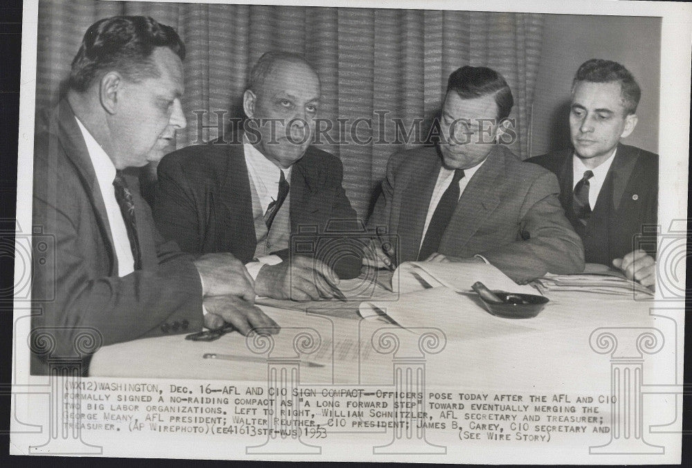 1953 Press Photo AFL-CIO compact,W Schnitzler,G Meany,W Reuther &amp; JB Carey - Historic Images