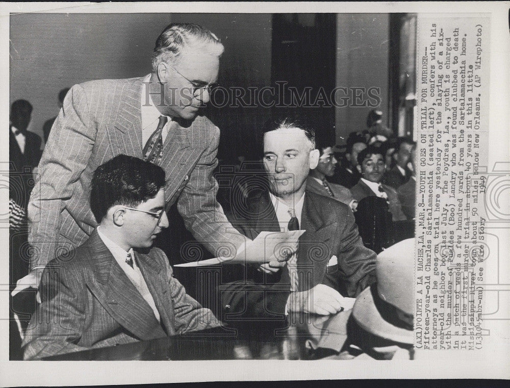 1949 Press Photo Accused murderer 15 yr old Charles Sartalamacchia with attys. - Historic Images