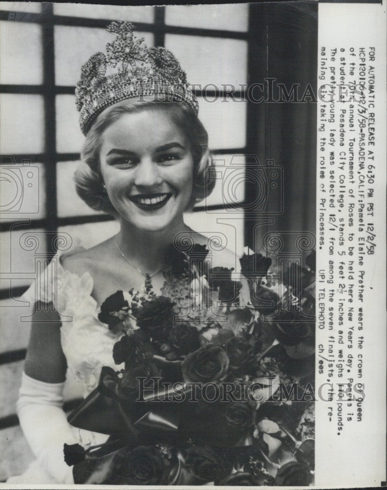 1958 Press Photo Queen of Tournament of Roses Pamela Elaine Prather - Historic Images