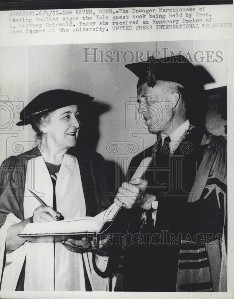 1958 Press Photo The Dowager Marchioness of Reading &amp; Yale pres. A. W. Griswold - Historic Images