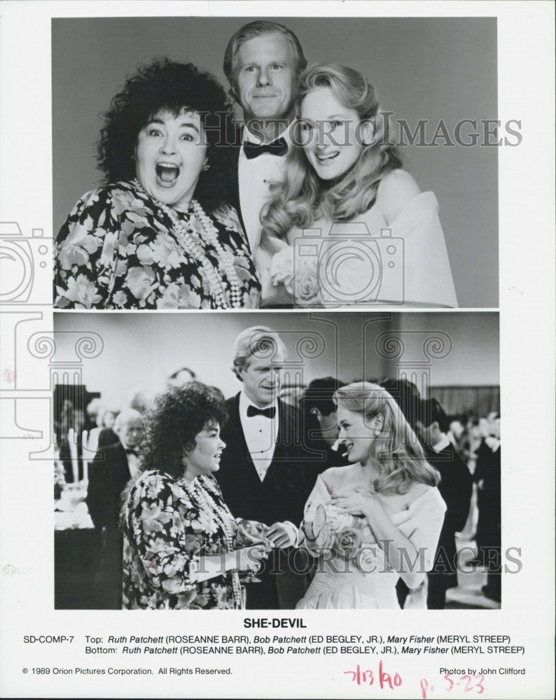 1990 Press Photo Roseanne Barr, Ed Begley Jr, Meryl Streep &quot;She Devil&quot; - Historic Images