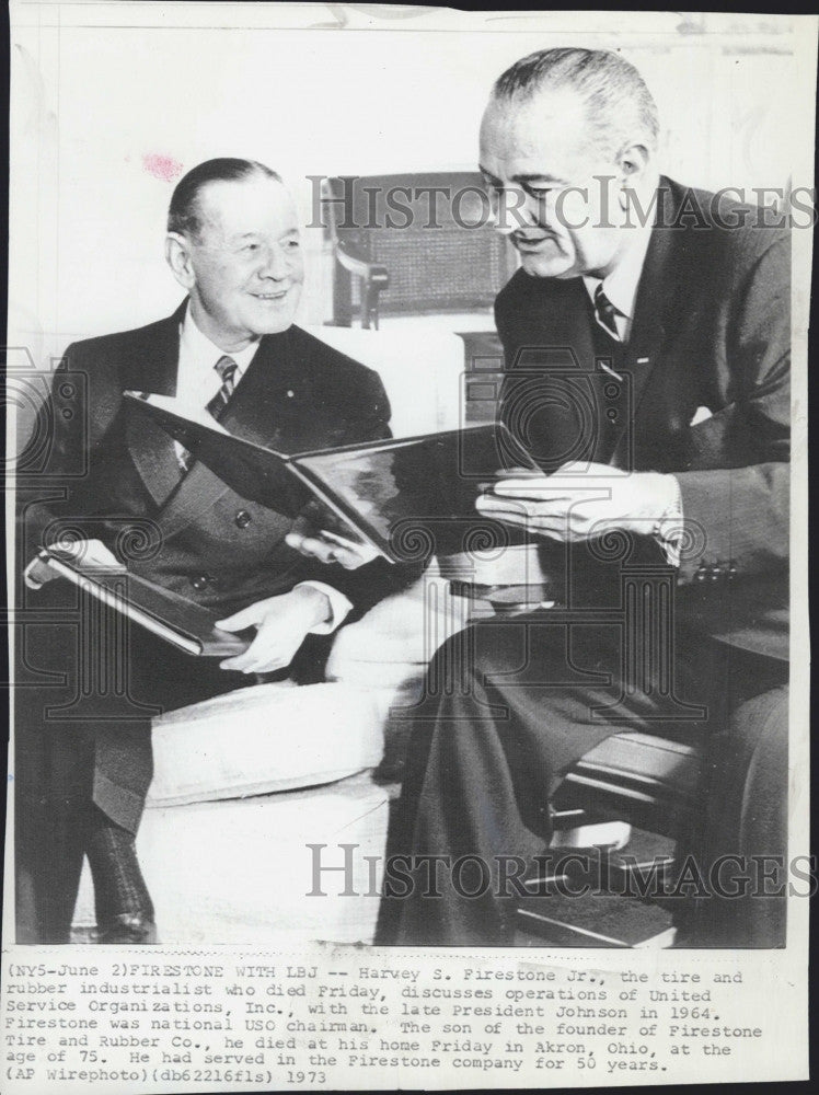 1973 Press Photo Harvey Firestone, Jr And President Lyndon Johnson circa 1964 - Historic Images