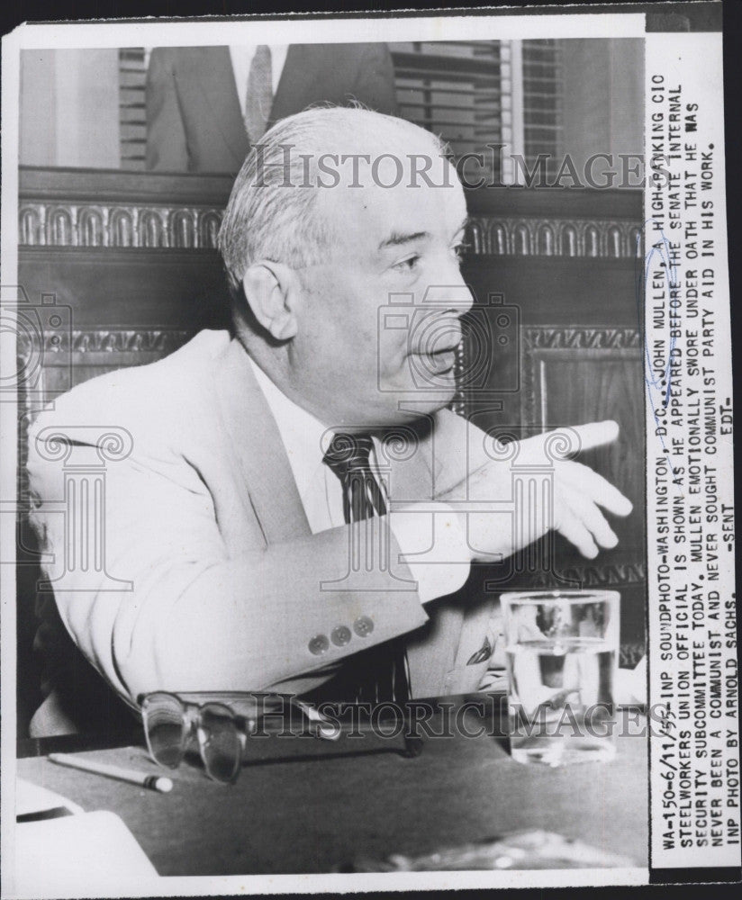 1955 Press Photo John Mullen, CIC Steelworkers Union Official Addresses Senate - Historic Images