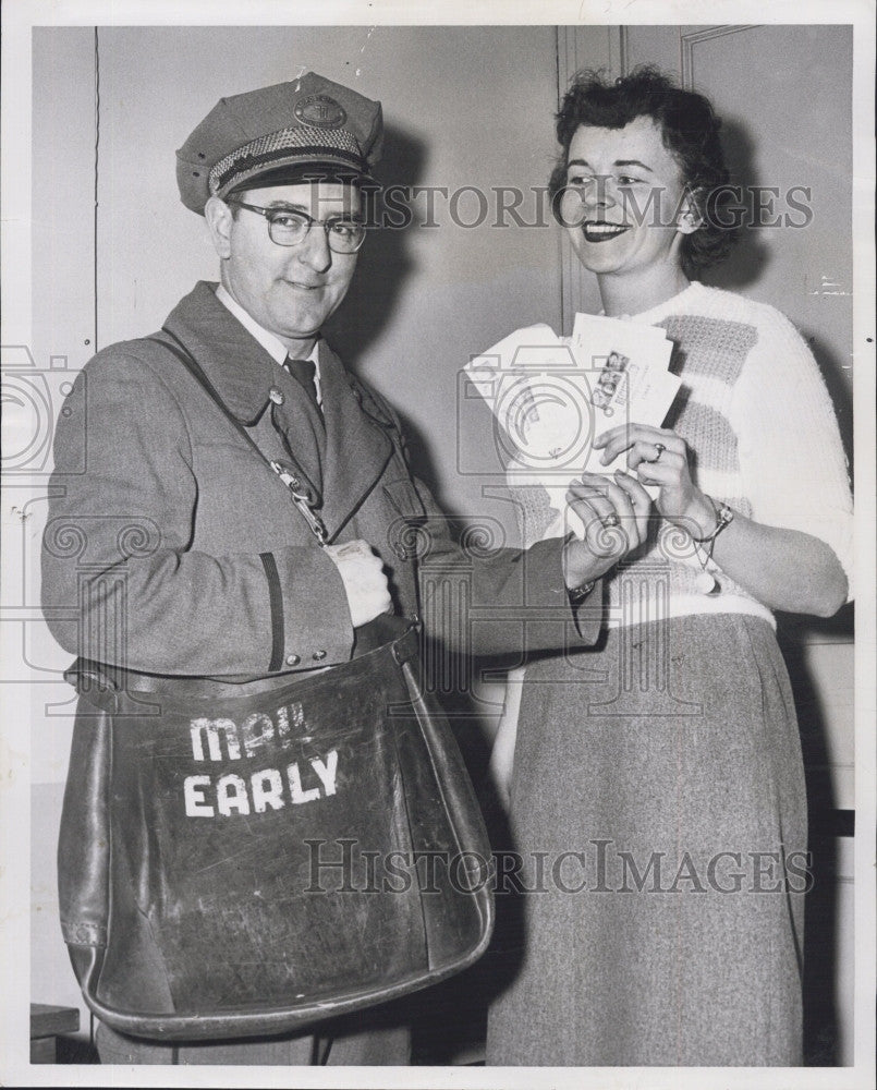 1958 Press Photo Mailman James Collins of Boston with Margaret Noble. - Historic Images