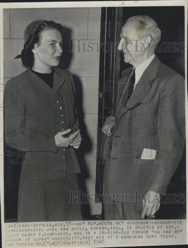 1948 Press Photo Rep.Jane Ann Noble greeted by Gov. Henry F.Schricker - Historic Images