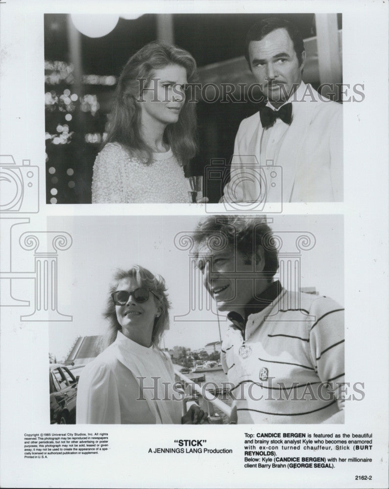 1985 Press Photo Actors Candice Bergen, Burt Reynolds, George Segal In &quot;Stick&quot; - Historic Images