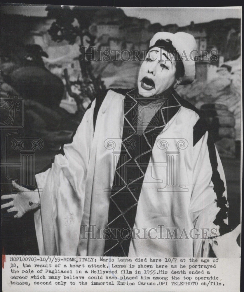 1959 Press Photo Singer Mario Lanza as Pagliacci - Historic Images