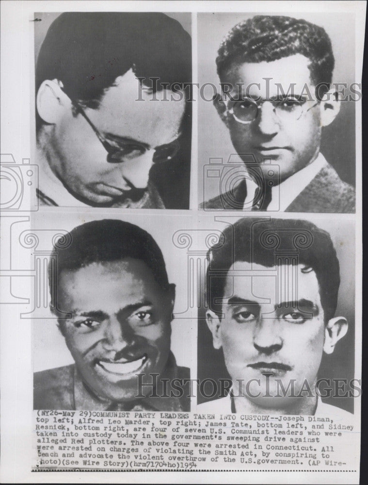 1954 Press Photo Communist Party Leaders Diman Marder Tate &amp; Resnick Arrested - Historic Images