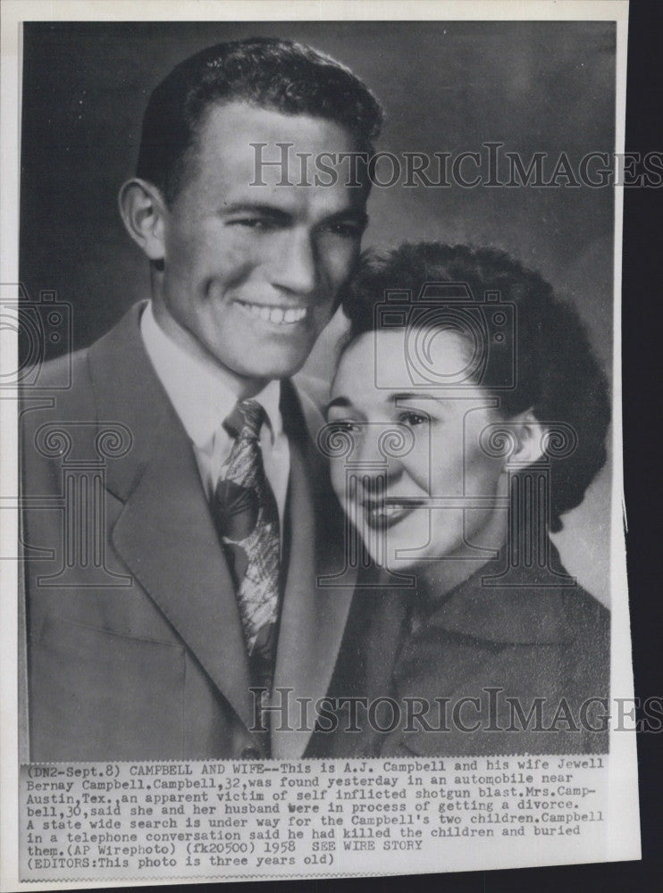 1958 Press Photo A.J. Campbell, Suicide Victim and Wife Jewel - Historic Images