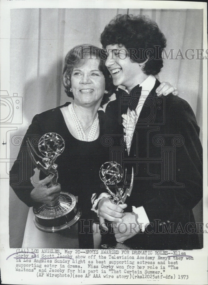 1973 Press Photo Ellen Dorby, Scott Jacoby, Actors Win Television Academy Emmy&#39;s - Historic Images