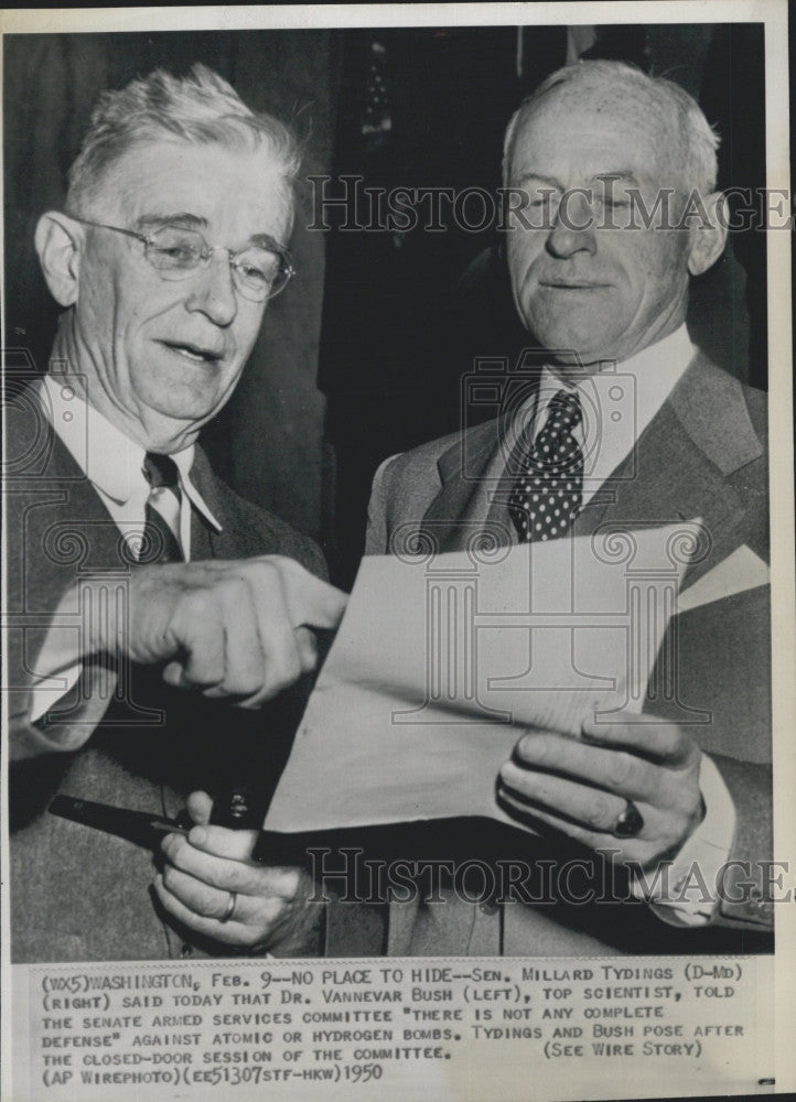 1950 Press Photo Sen Millard Tydings (D-MD) &amp; Dr Vannevar Bush - Historic Images