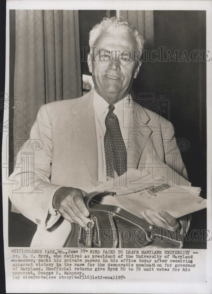 1954 Press Photo Dr. H. C. Curly Byrd, President of the University of Maryland - Historic Images