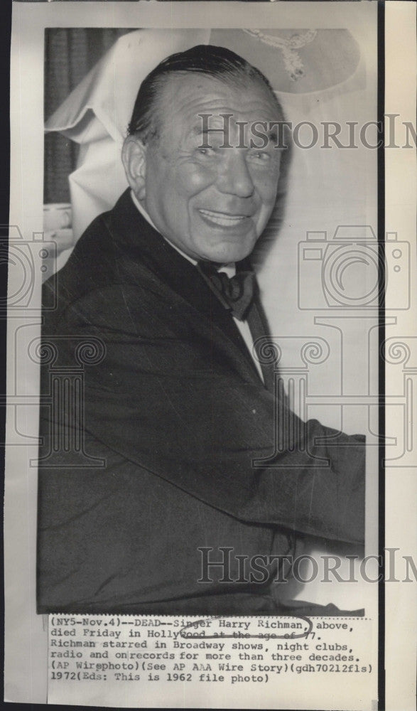 1972 Press Photo Singer Harry Richman Circa 1962 Passed Away At Age Of 77 - Historic Images