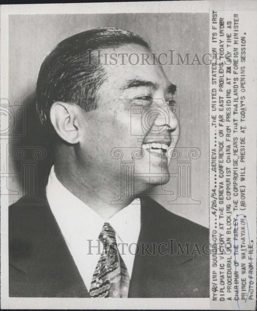 1954 Press Photo Prince Wan Waithayakon Thailand Foreign Minister UN Chairman - Historic Images