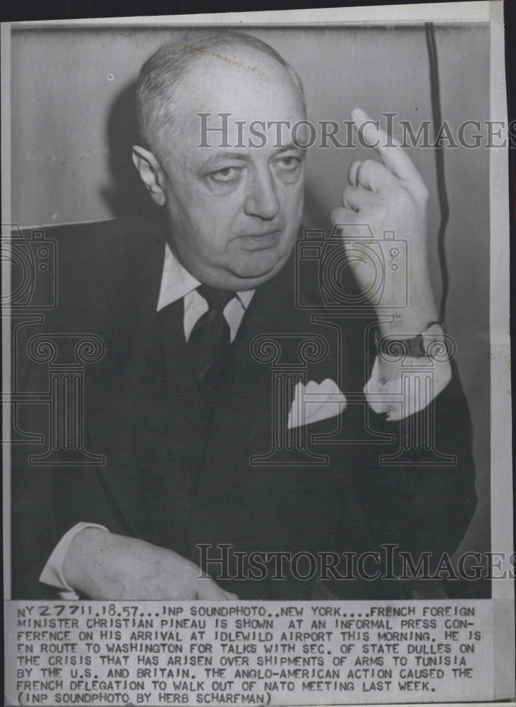 1957 Press Photo French Foreign Minister Christian Pineau meeting Secretary of - Historic Images