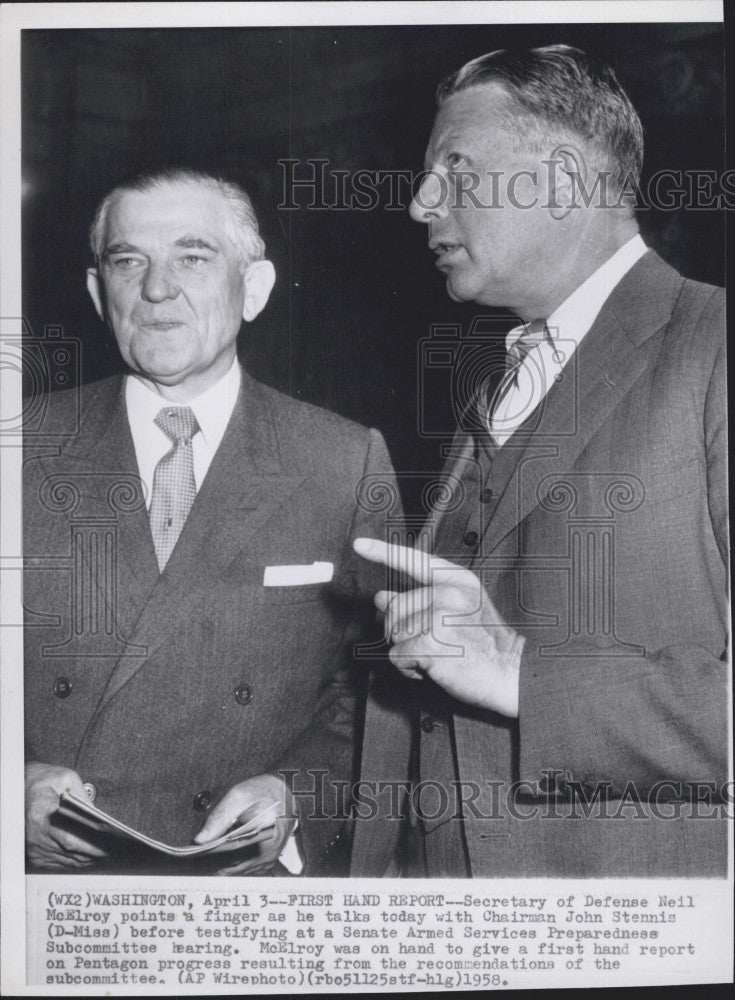 1958 Press Photo Defense Secretary Neil McElroy, Senate Chairman John Stennis - Historic Images