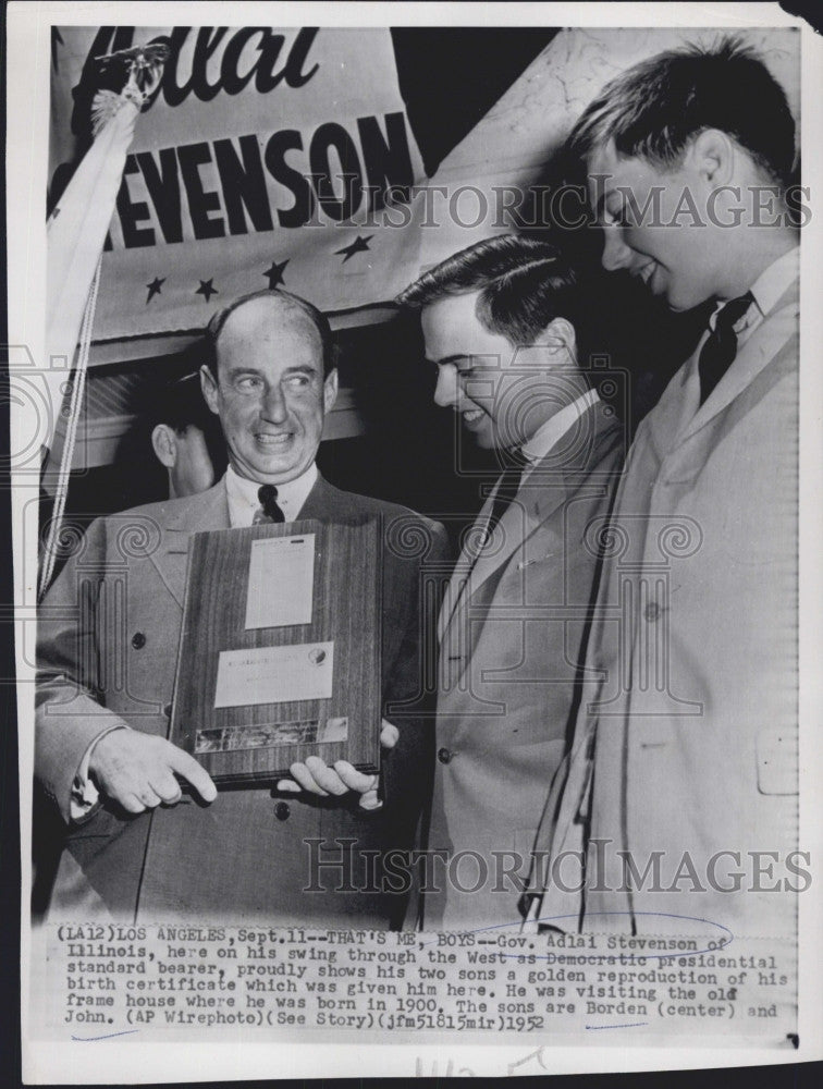 1952 Press Photo Democrat Presidential Nominee Adlai Stevenson Sons Borden John - Historic Images