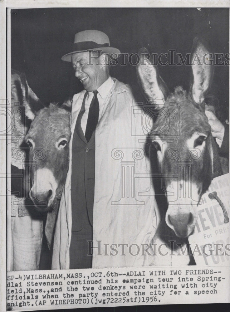 1956 Press Photo Adlai Stevenson, Democratic Pres candidate &amp; donkeys - Historic Images