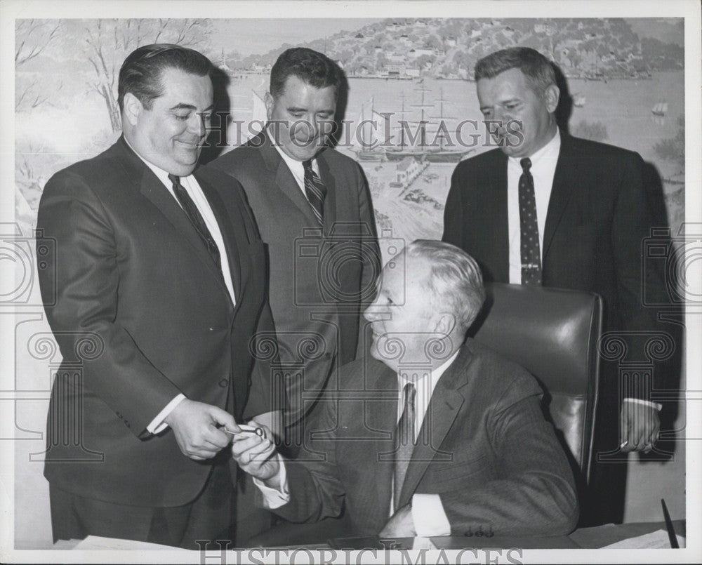 Press Photo  Lydon, Feeney, Tiorano Present School Key to Mayor Collins - Historic Images