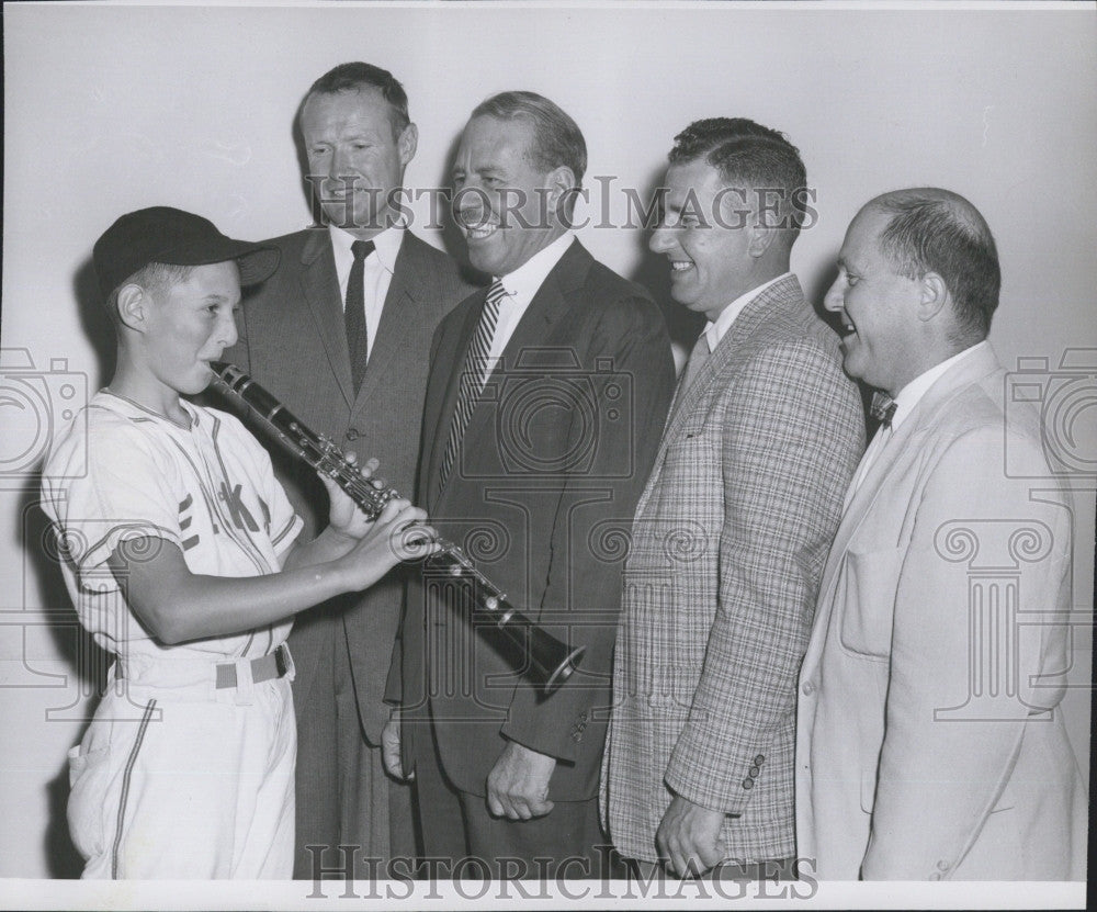 1958 Press Photo Wayne Mursky Age 12 Red Sox Bat Boy  with Clarinet - Historic Images