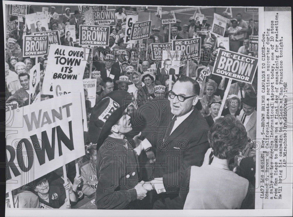 1962 Press Photo Governor Edmund Brown California Campaigning for Re-Election - Historic Images