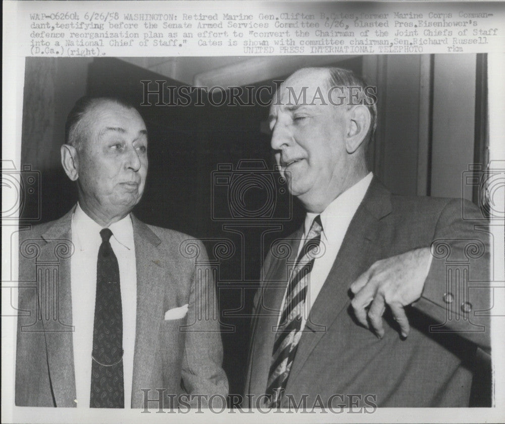 1958 Press Photo Retired General Clifton Cates Testifying at Senate Hearing - Historic Images