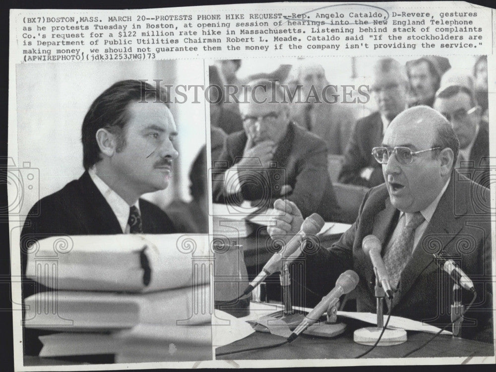 1973 Press Photo Mass. Rep. Angelo Cataldo protests phone hike - Historic Images