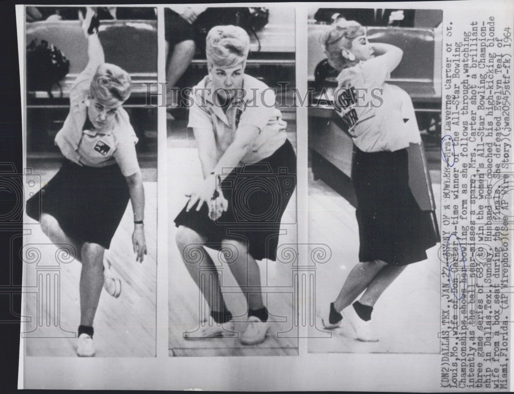 1964 Press Photo Mrs. Laverne Carter in a bowling tournament - Historic Images