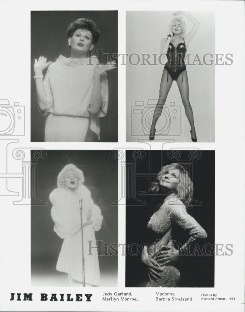 1991 Press Photo Singer Jim Bailey as Madonna, Barbra Steisand, J. Garland - Historic Images