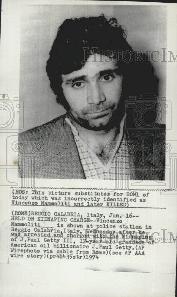 1974 Press Photo Vincenzo Malloliti Held In Kidnapping of J Paul Getty III - Historic Images