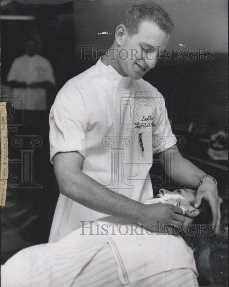 1958 Press Photo Dom Arangio High School Student and Barber Shaving customer - Historic Images