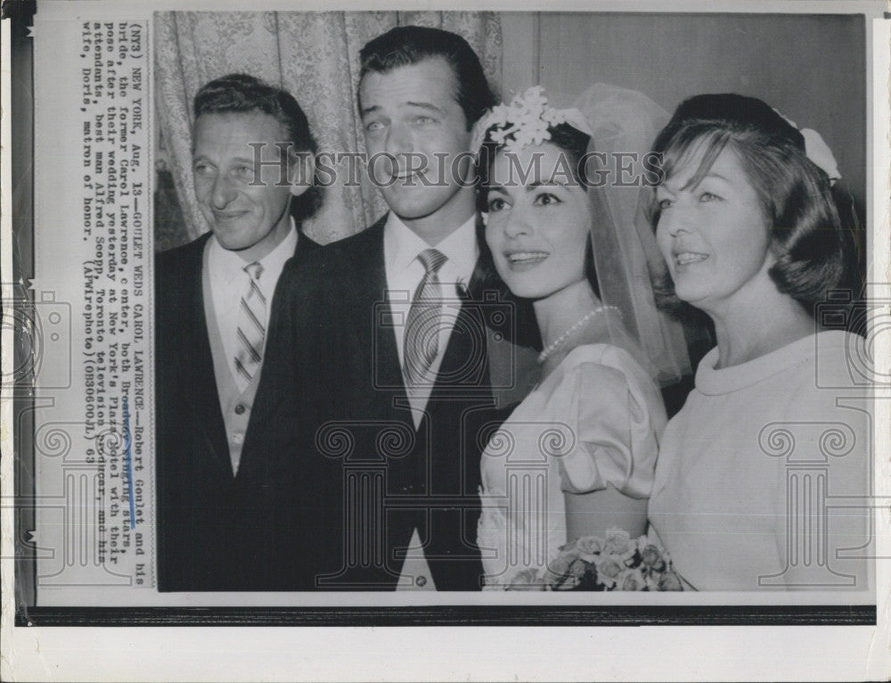 1963 Press Photo Actor Robert Goulet &amp; bride Carol Lawrence &amp; Alfres Scopp - Historic Images