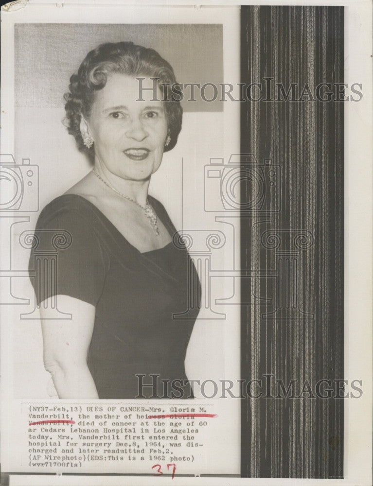 1962 Press Photo Heiress Mrs.Gloria Vanderbilt died in cancer. - Historic Images