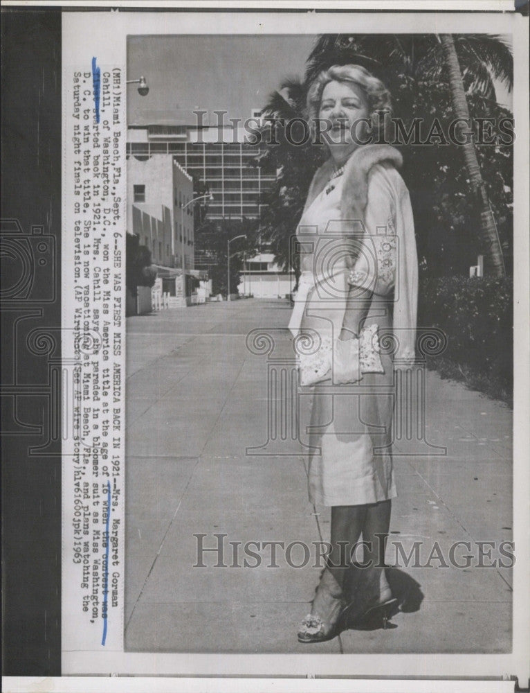 1963 Press Photo Margaret Gorman Cahill, First Miss America 1921, Visits Miami - Historic Images