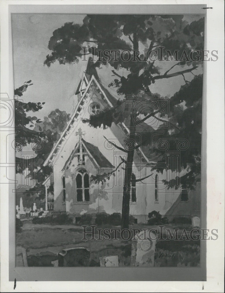 1963 Press Photo The Painting &quot;Country Churchyard&quot; By Artist Emerton W. Heitland - Historic Images